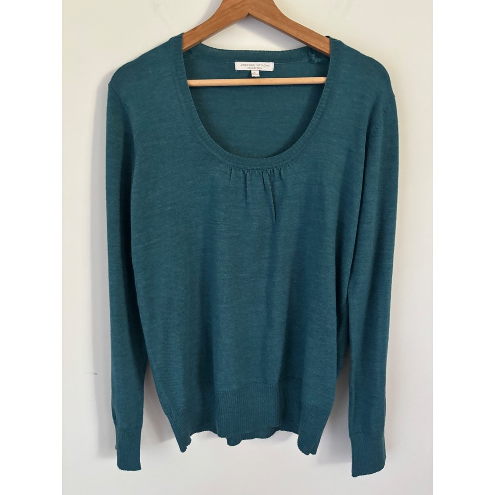Adrienne Vittadini Teal Blue Scoop Neck Wool Blend Sweater Gold Button Cuff XL